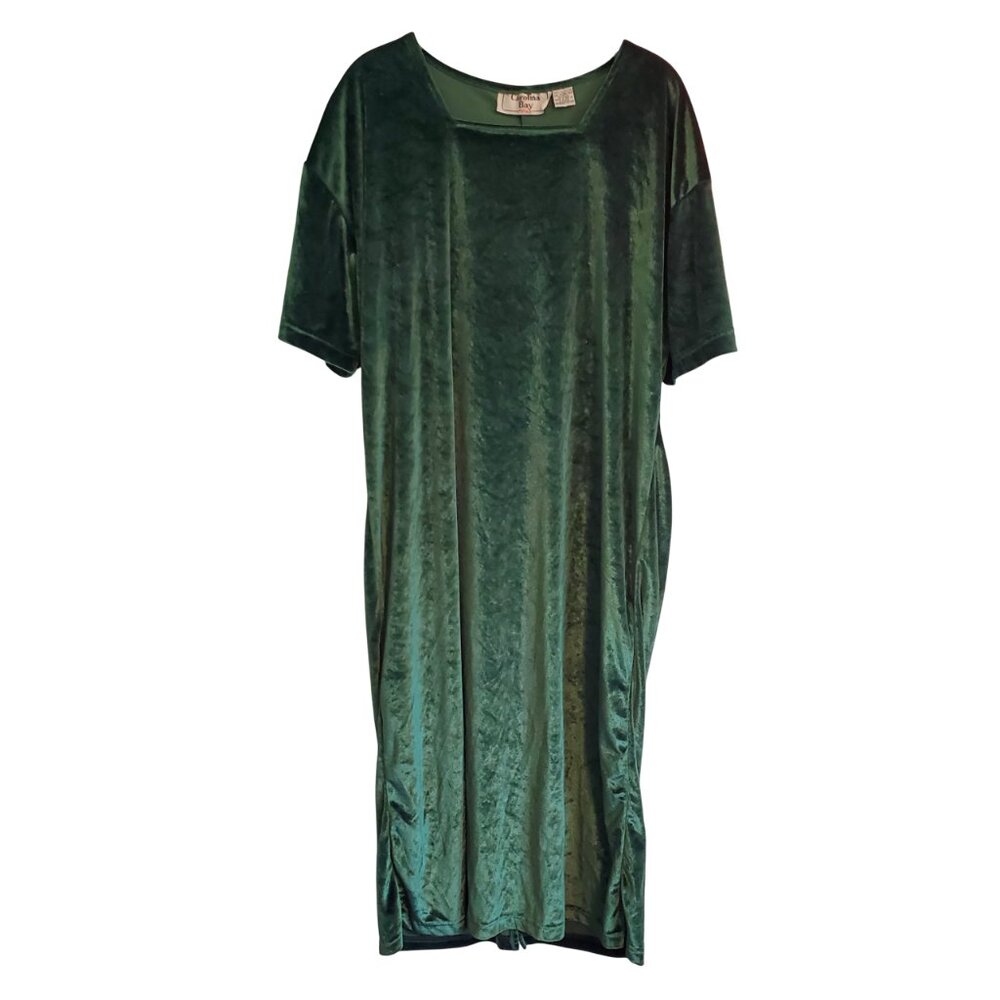 Vintage 90s Dark Green Velvet Back Slit  Short Sleeve Shift Shirt Dress Size 20